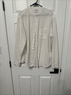 Old Navy Men's Linen Cream Band Collar Button-Up Shirt